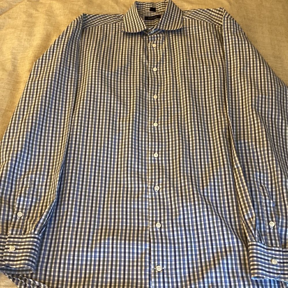 Barneys New York Mens Long Sleeve Fine Cotton Blue/Gray Checked Dress Shirt. XL - Picture 4 of 7